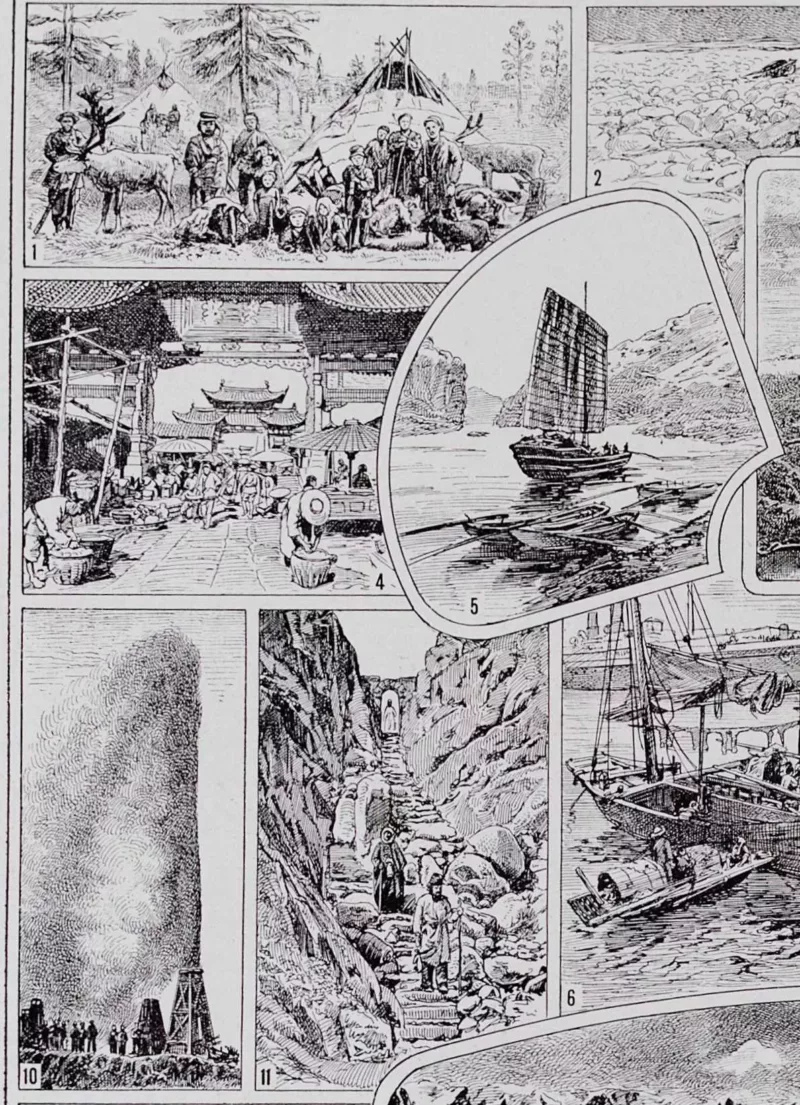 Asie, scènes historiques et carte géopolitique, planche 1930