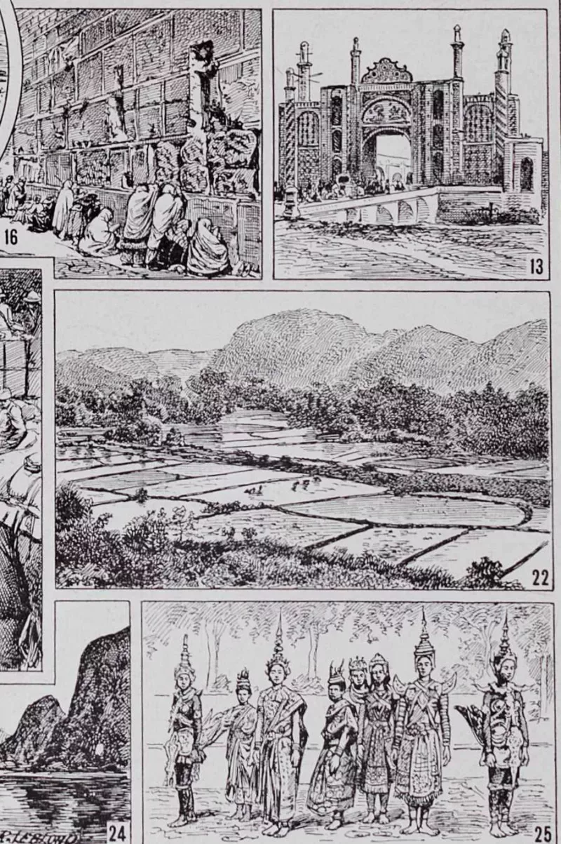 Asie, scènes historiques et carte géopolitique, planche 1930