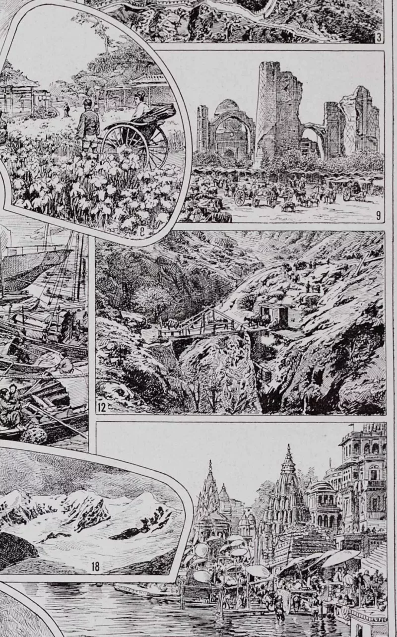 Asie, scènes historiques et carte géopolitique, planche 1930