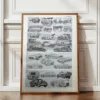 Automobiles, planche technique originale 1950 – planche encadrée en décoration murale