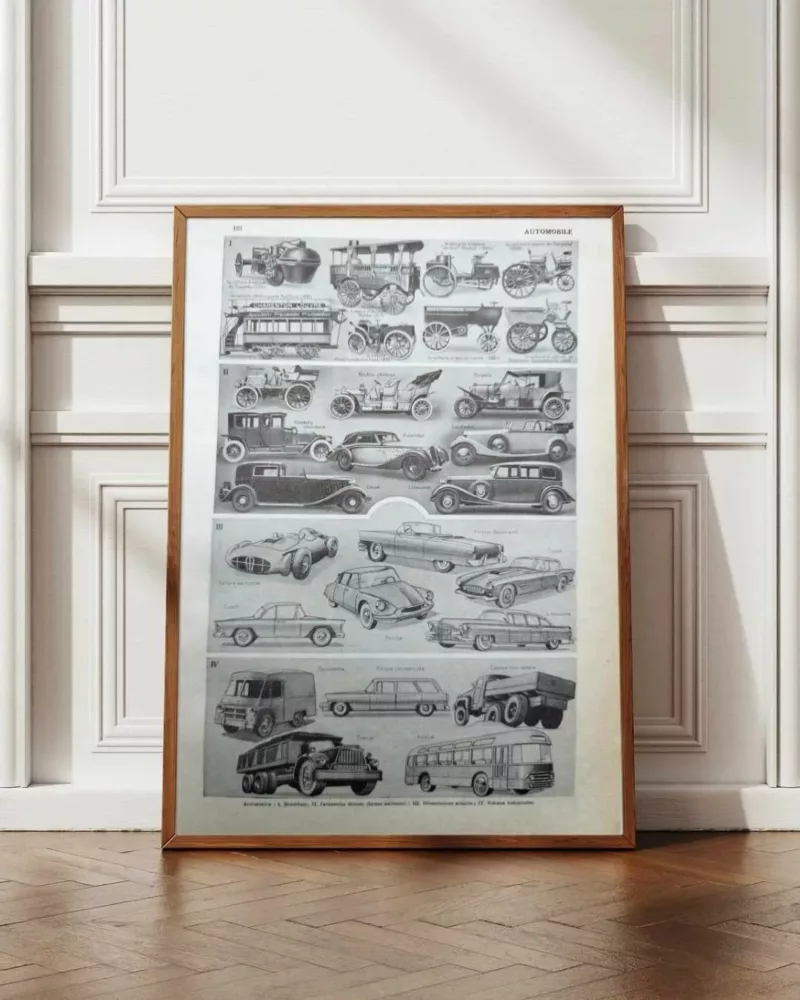 Automobiles, planche technique originale 1950 – planche encadrée en décoration murale