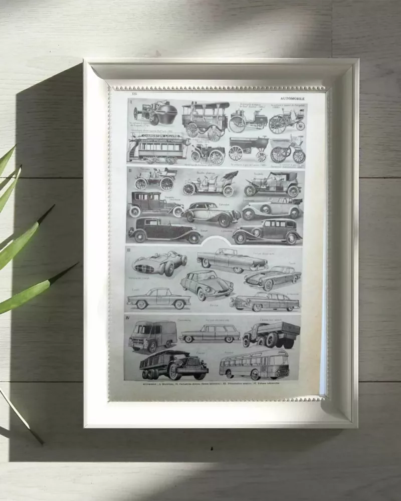 Automobiles, planche technique originale 1950 – planche encadrée en décoration murale