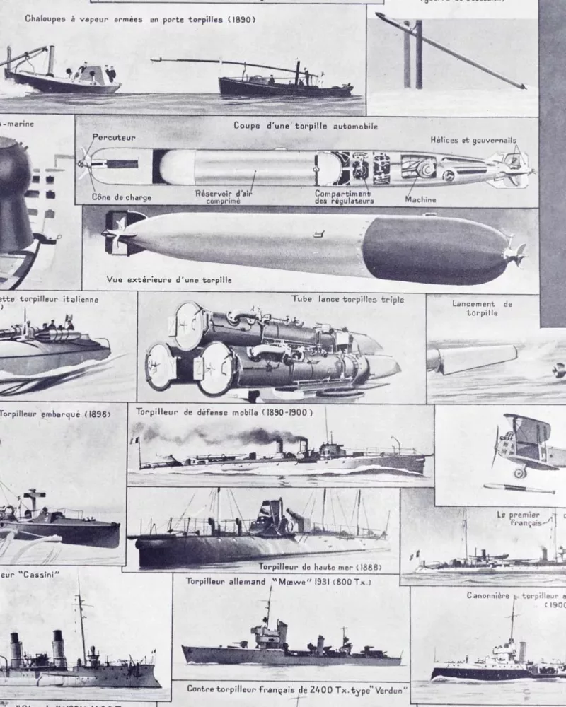 Sous-marins et torpilleurs, planche encyclopédique 1930 – planche ancienne entière