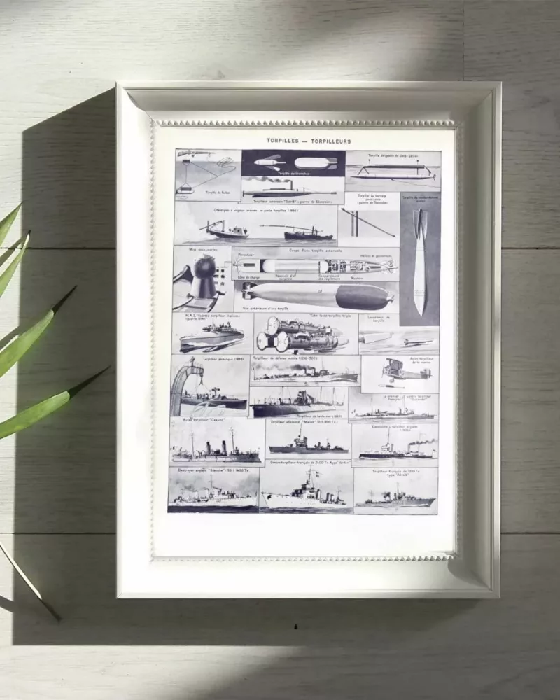 Sous-marins et torpilleurs, planche encyclopédique 1930 – planche encadrée en décoration murale