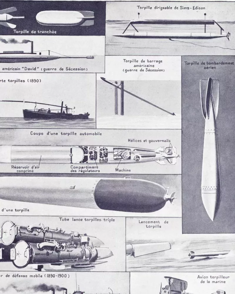 Sous-marins et torpilleurs, planche encyclopédique 1930 – détail de la planche ancienne