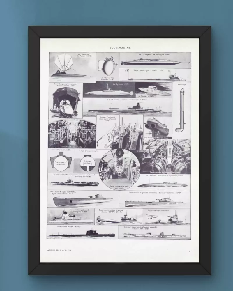 Sous-marins et torpilleurs, planche encyclopédique 1930 – verso du document ancien
