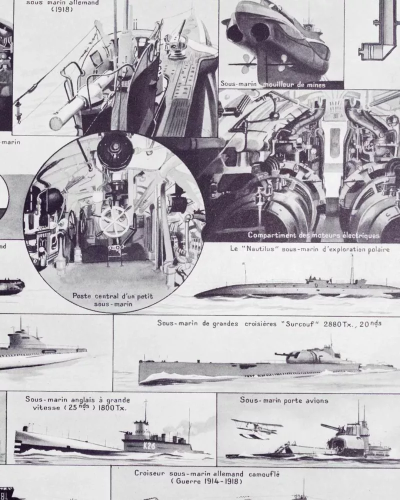 Sous-marins et torpilleurs, planche encyclopédique 1930 – verso encadré en décoration murale