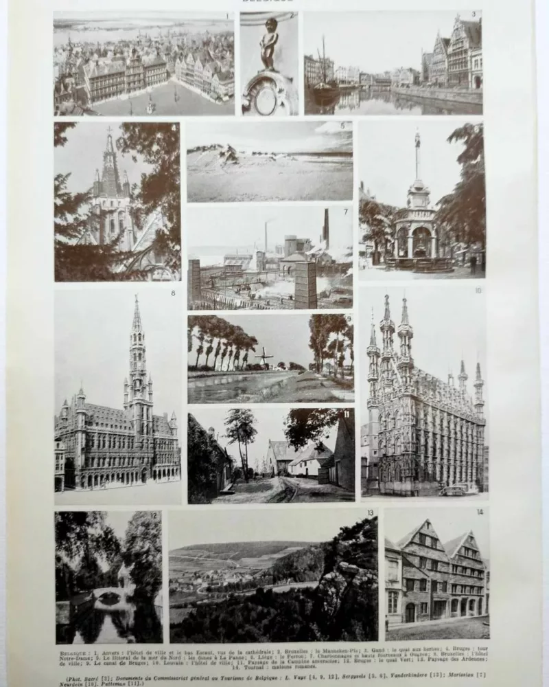 Belgique, carte géographique et photographies 1950 – planche ancienne entière