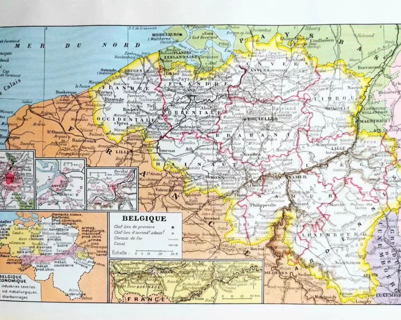 Belgique, carte géographique et photographies 1950 – planche ancienne entière