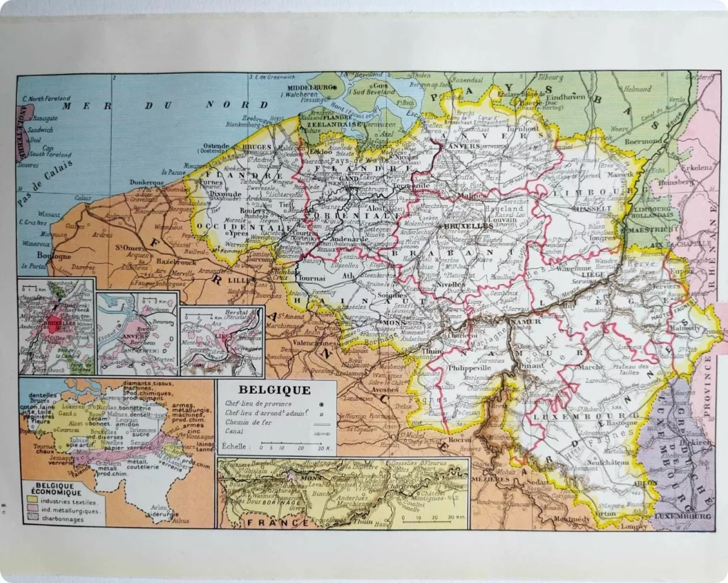 Belgique, carte géographique et photographies 1950
