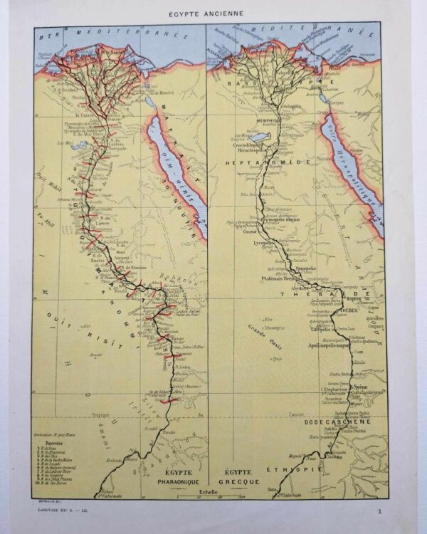 Égypte ancienne, carte et monuments, planche années 1930