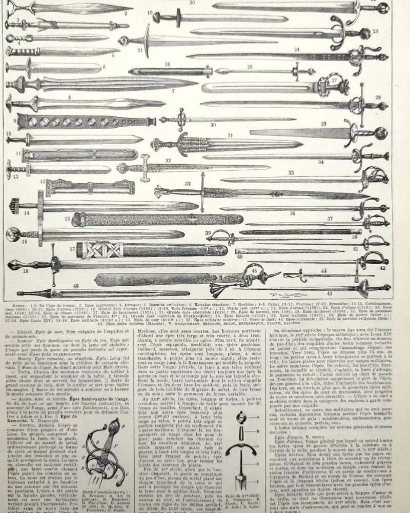 Épées et armes blanches, planche historique années 1930 – planche ancienne entière