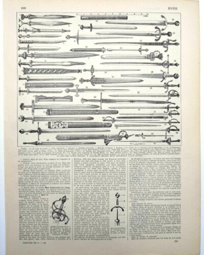 Épées et armes blanches, planche historique années 1930