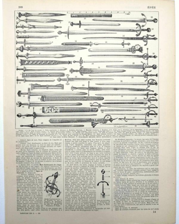 Épées et armes blanches, planche historique années 1930