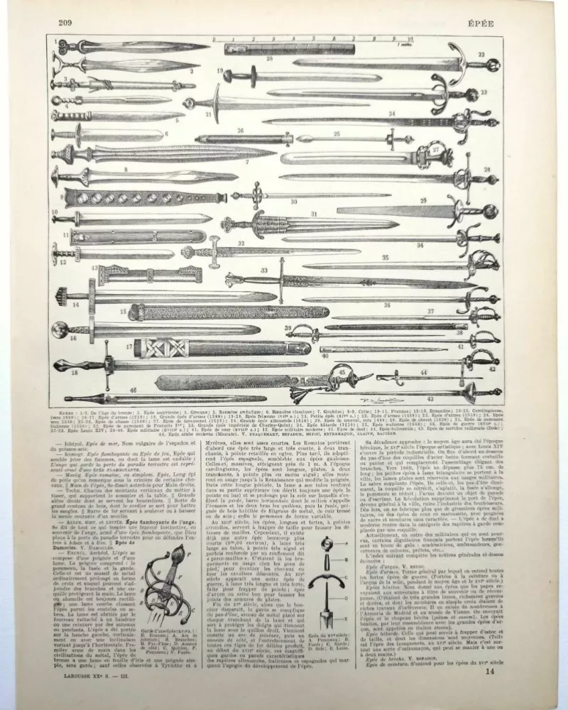 Épées et armes blanches, planche historique années 1930