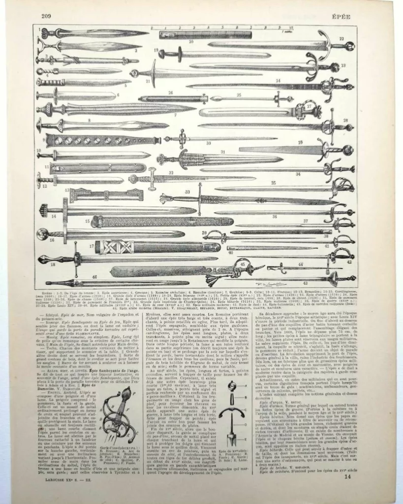 Épées et armes blanches, planche historique années 1930
