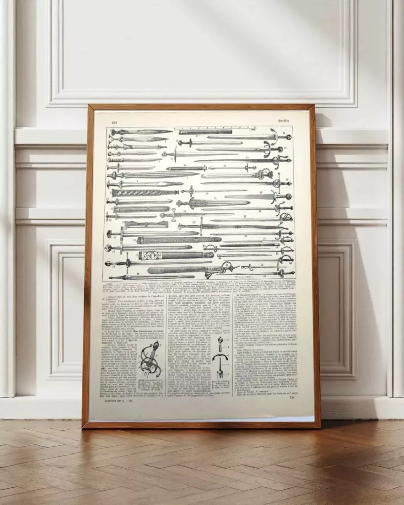 Épées et armes blanches, planche historique années 1930 – planche encadrée en décoration murale