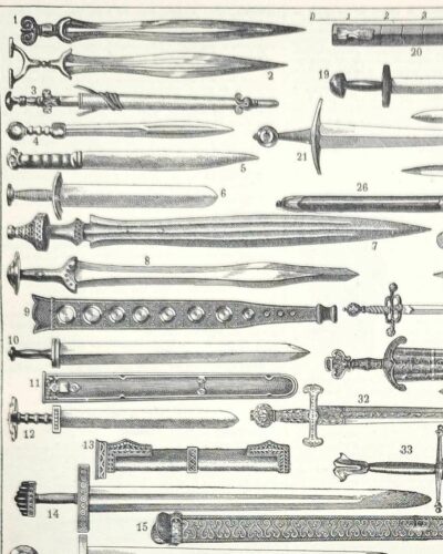Épées et armes blanches, planche historique années 1930