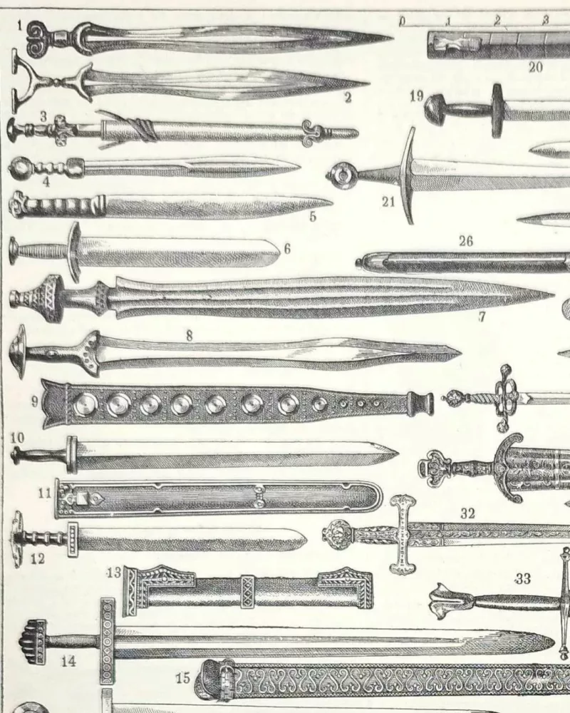 Épées et armes blanches, planche historique années 1930 – détail de la planche ancienne