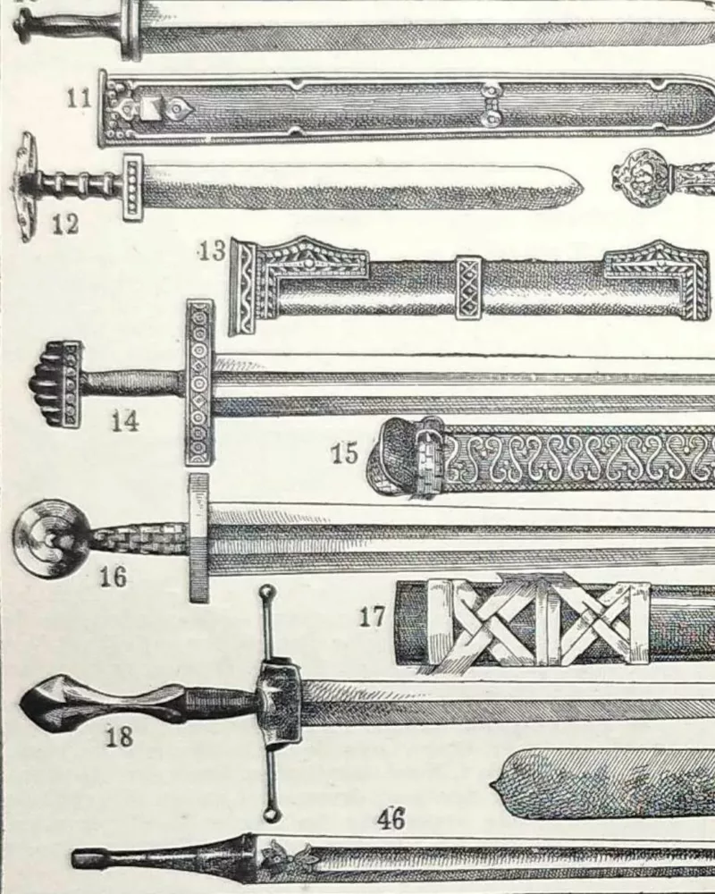 Épées et armes blanches, planche historique années 1930 – détail de la planche ancienne