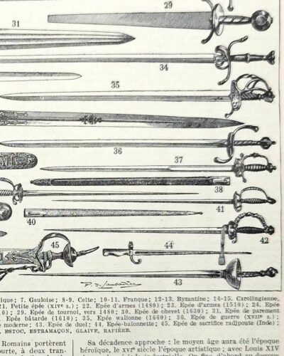 Épées et armes blanches, planche historique années 1930