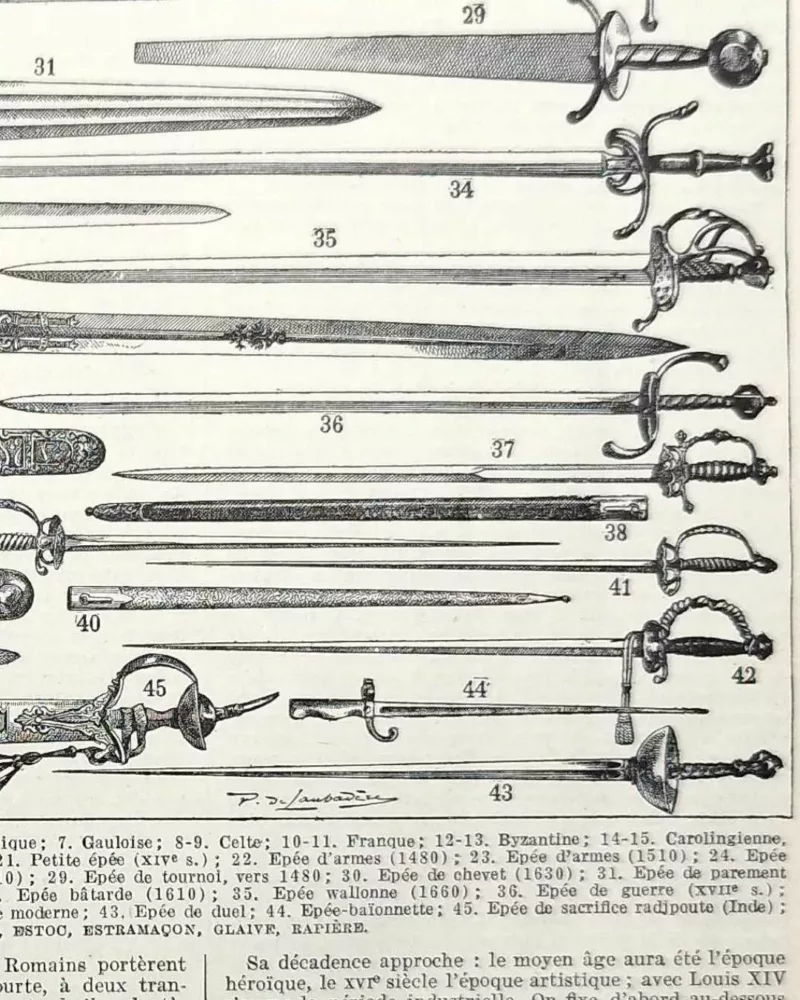 Épées et armes blanches, planche historique années 1930 – détail de la planche ancienne