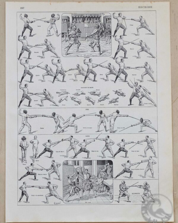 Escrime, fleuret, épée et sabre, planche sportive 1930