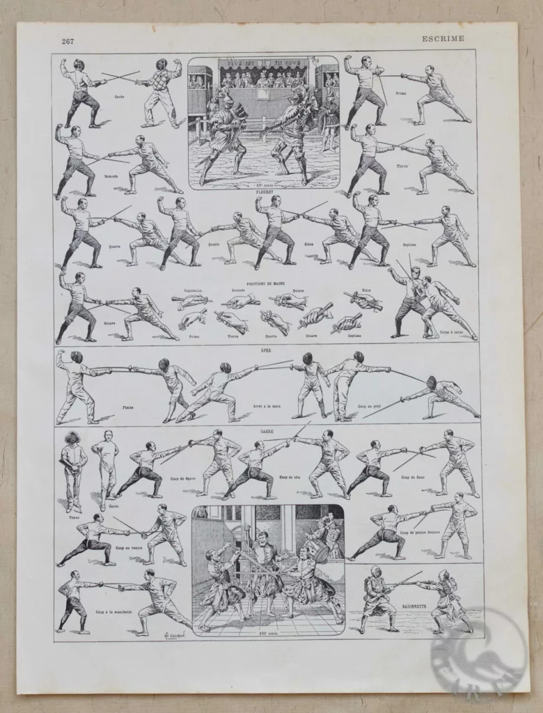 Escrime, fleuret, épée et sabre, planche sportive 1930