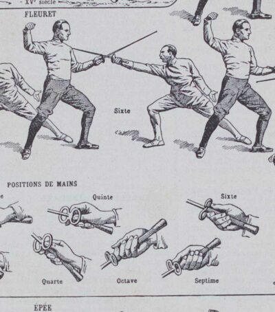 Escrime, fleuret, épée et sabre, planche sportive 1930