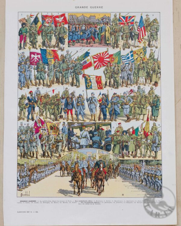 Grande Guerre 1914-1918, uniformes et carte du monde, planche 1930