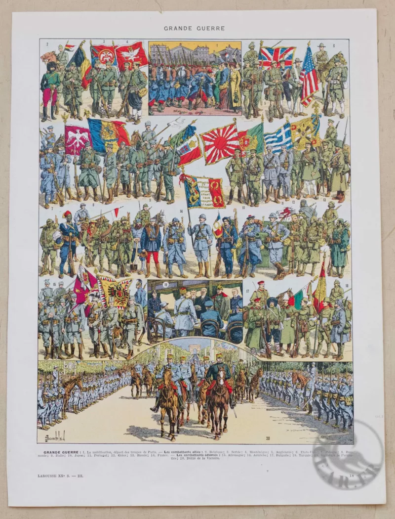 Grande Guerre 1914-1918, uniformes et carte du monde, planche 1930
