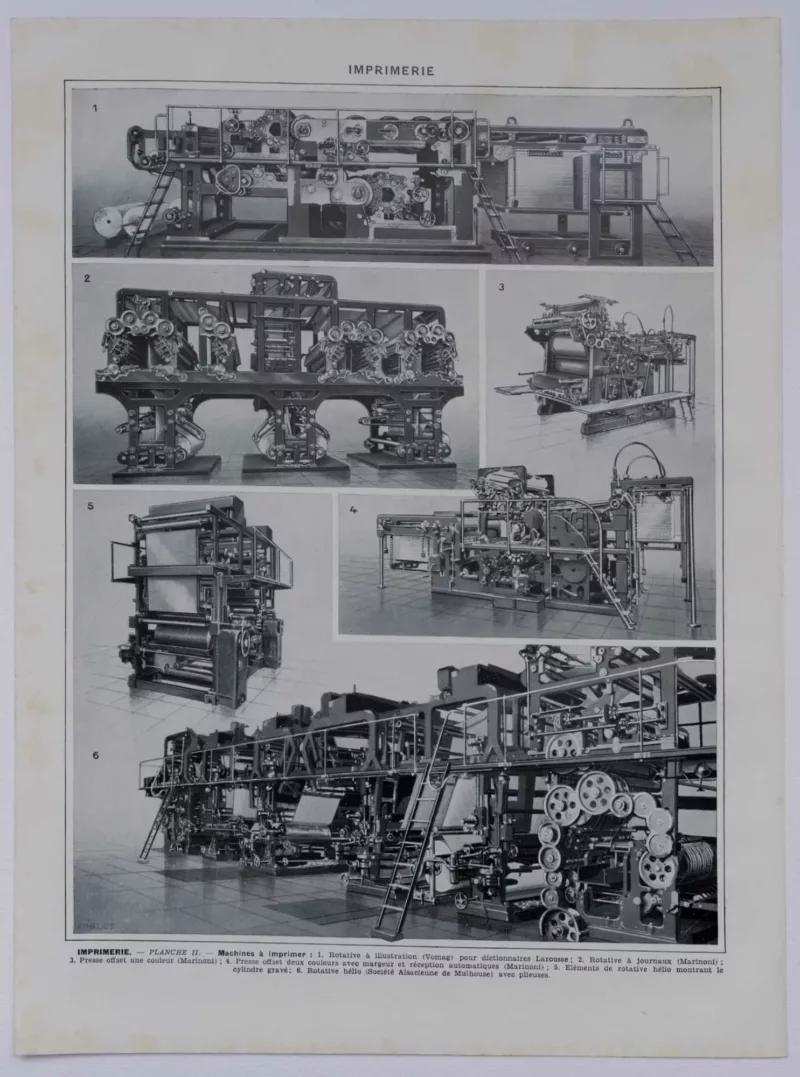 Machines d’imprimerie, planche technique originale 1930