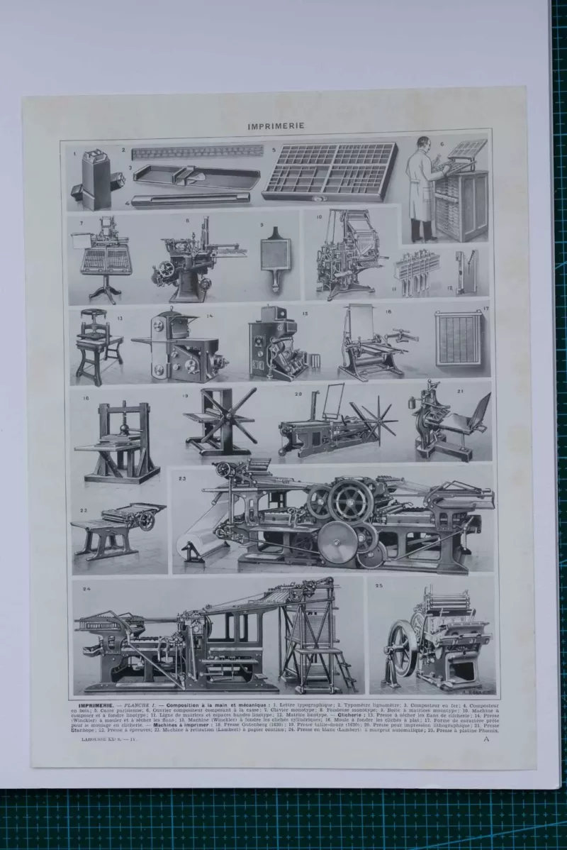 Machines d’imprimerie, planche technique originale 1930 – verso du document ancien
