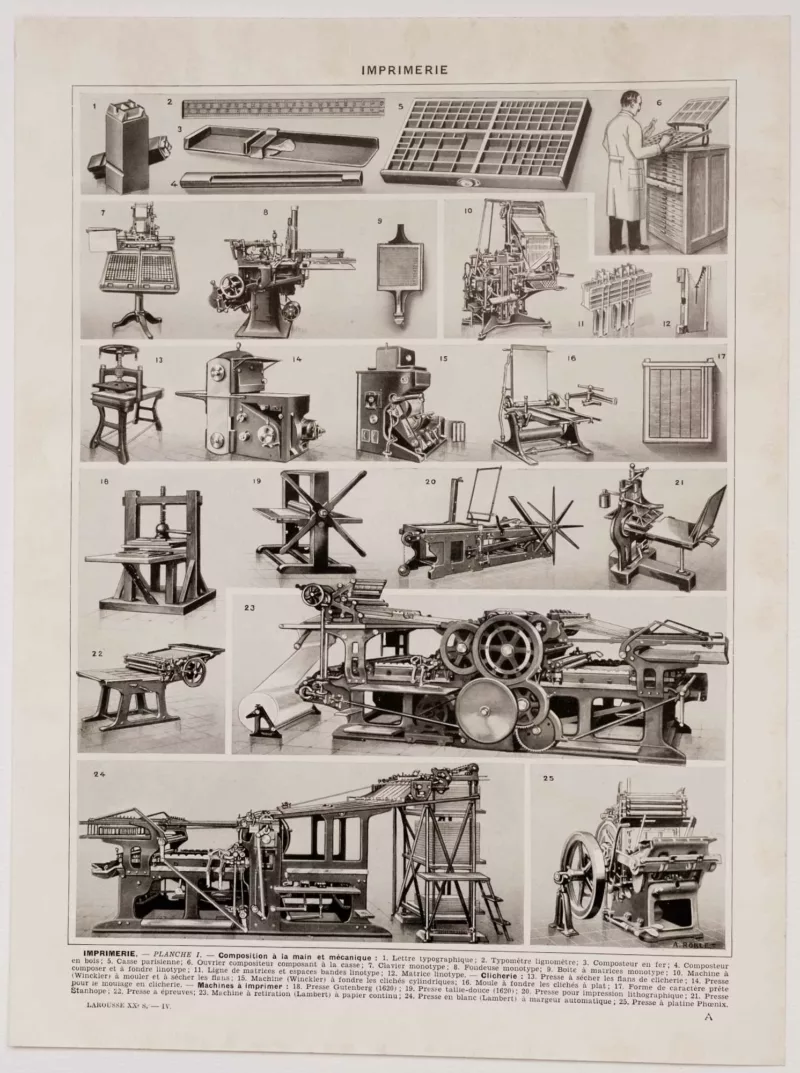 Machines d’imprimerie, planche technique originale 1930 – verso du document ancien