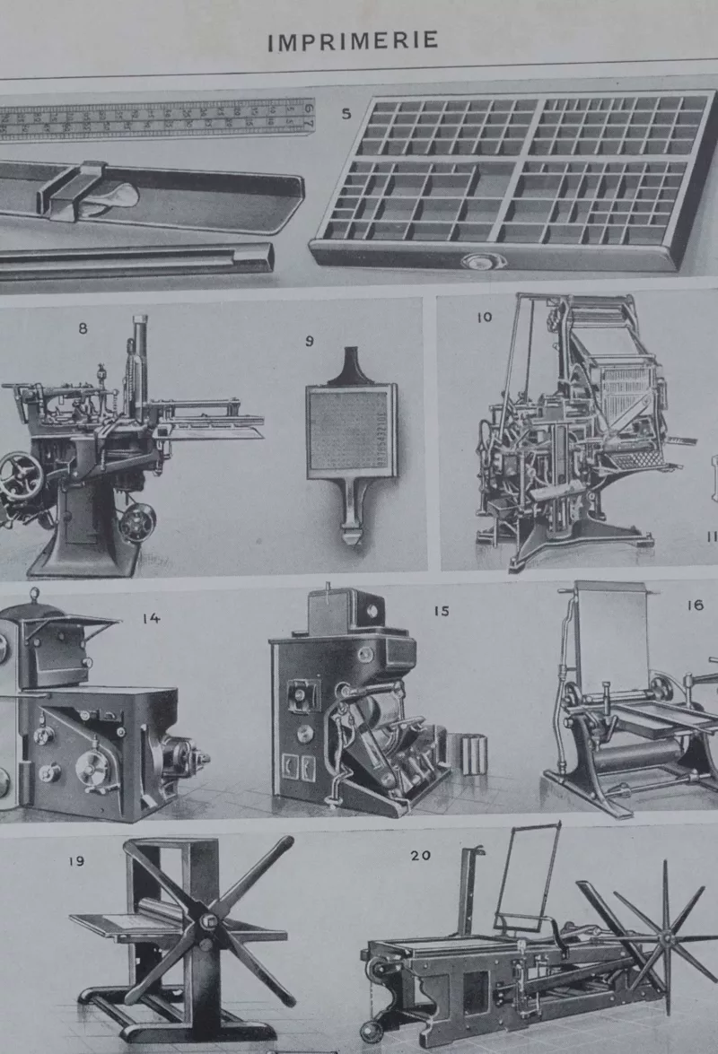 Machines d’imprimerie, planche technique originale 1930 – verso encadré en décoration murale