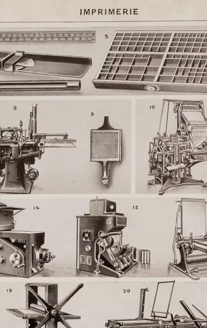 Machines d’imprimerie, planche technique originale 1930 – verso encadré en décoration murale
