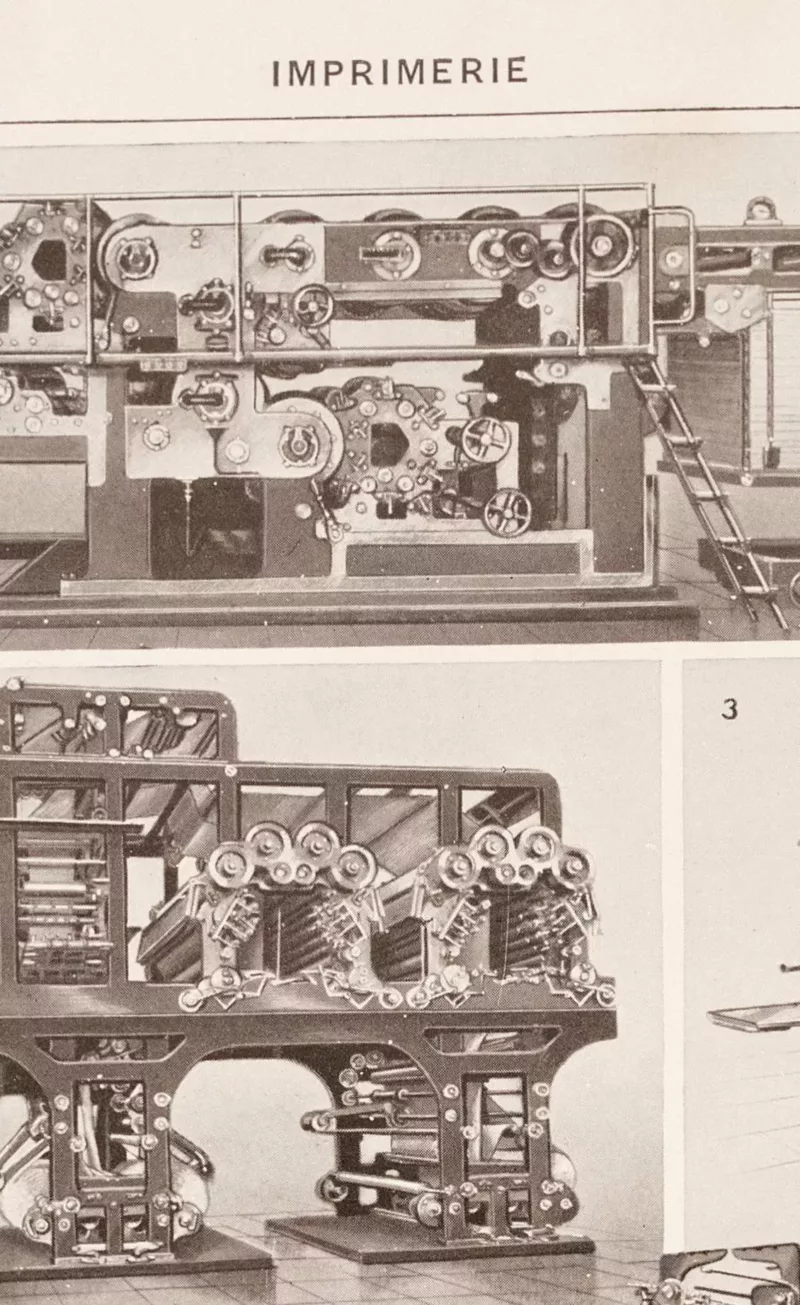 Machines d’imprimerie, planche technique originale 1930 – détail de la planche ancienne