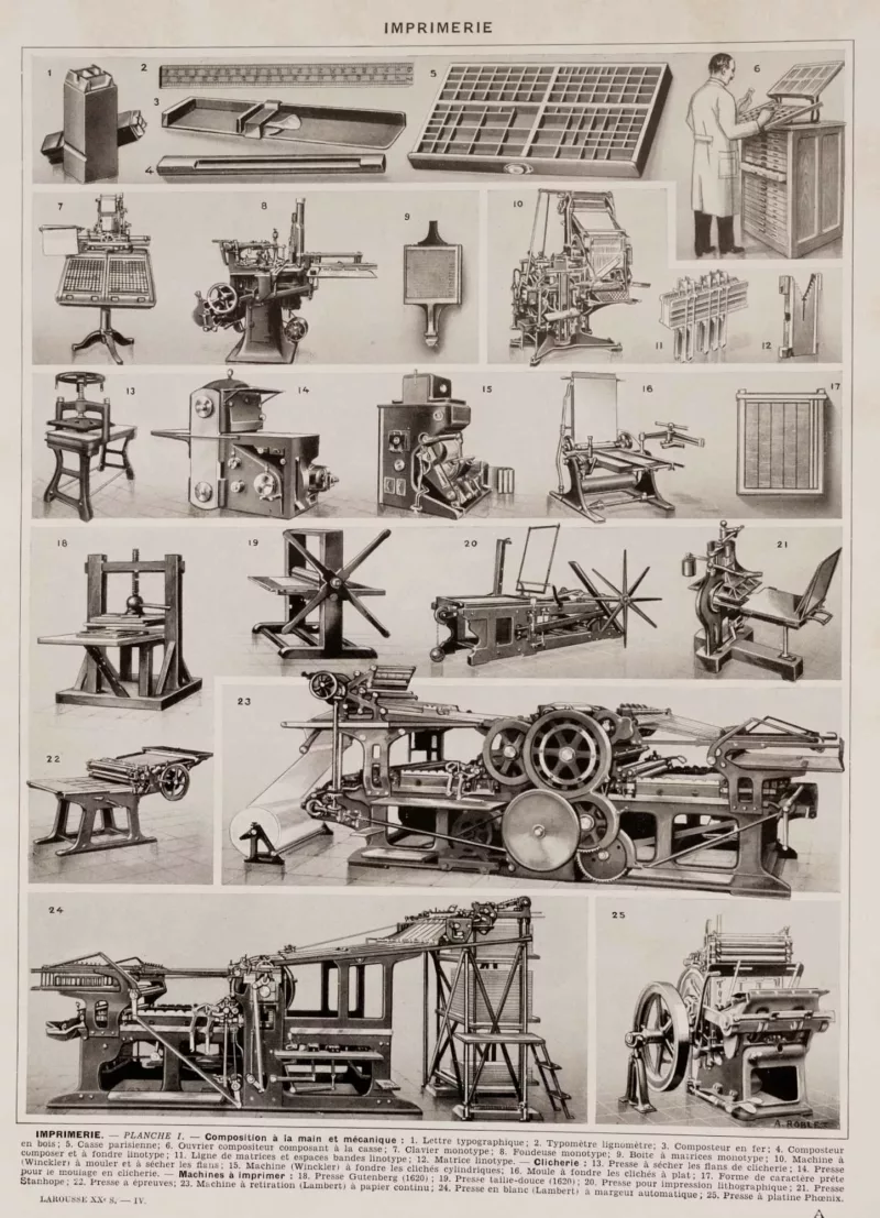 Machines d’imprimerie, planche technique originale 1930 – verso du document ancien