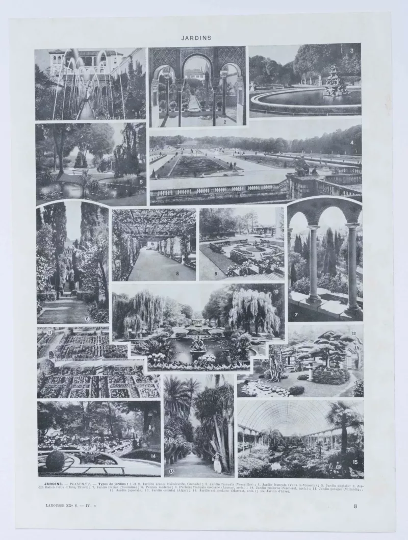 Arbres d’ornement et jardins du monde, planche 1930 – verso du document ancien