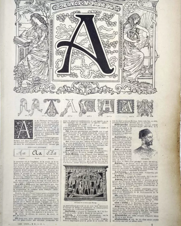 Lettre A, typographie, lettrines et ornements, planche ancienne de 1922