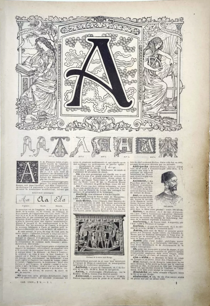 Lettre A, typographie, lettrines et ornements, planche ancienne de 1922