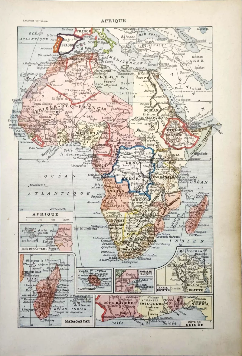 LU11922AFRI-R-afrique Afrique, carte politique ancienne en couleurs de 1922