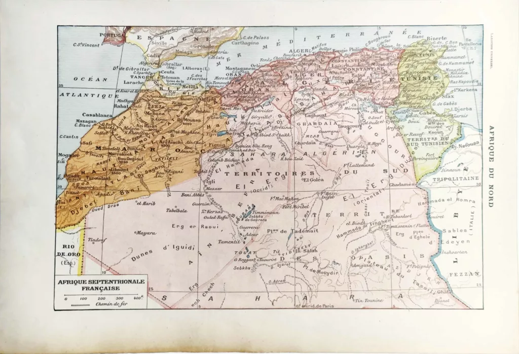 Afrique du Nord française, carte ancienne en couleurs de 1922
