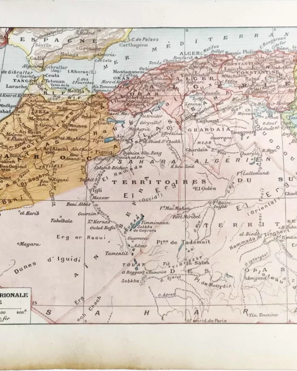 Afrique du Nord française, carte ancienne en couleurs de 1922