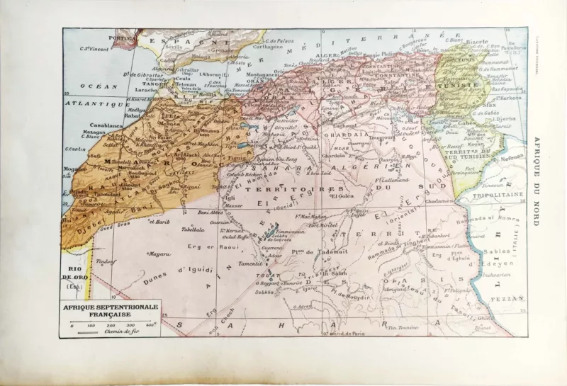 LU11922AFRN-R-afrique-nord Afrique du Nord française, carte ancienne en couleurs de 1922