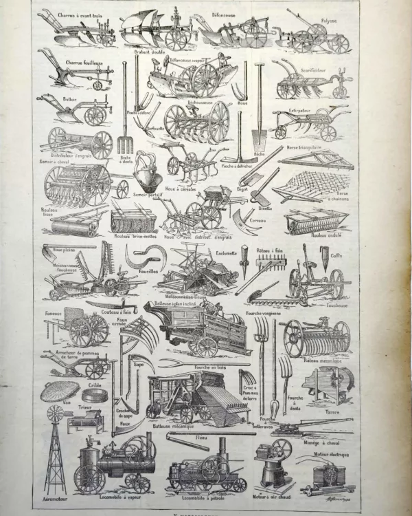 Outils, charrues et machines agricoles, planche technique ancienne de 1922