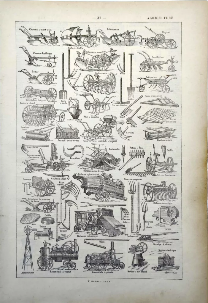 Outils, charrues et machines agricoles, planche technique ancienne de 1922