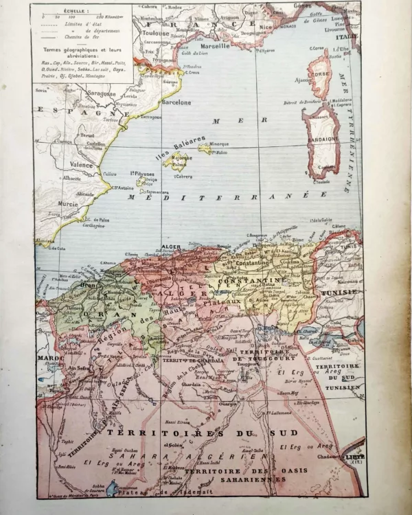 Algérie, carte géographique ancienne en couleurs de 1922