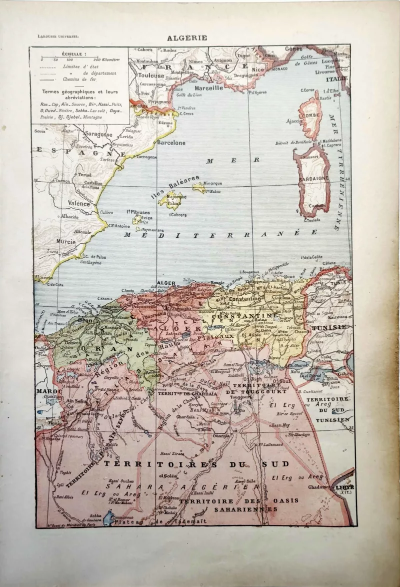 LU11922ALGE-R-algerie Algérie, carte géographique ancienne en couleurs de 1922