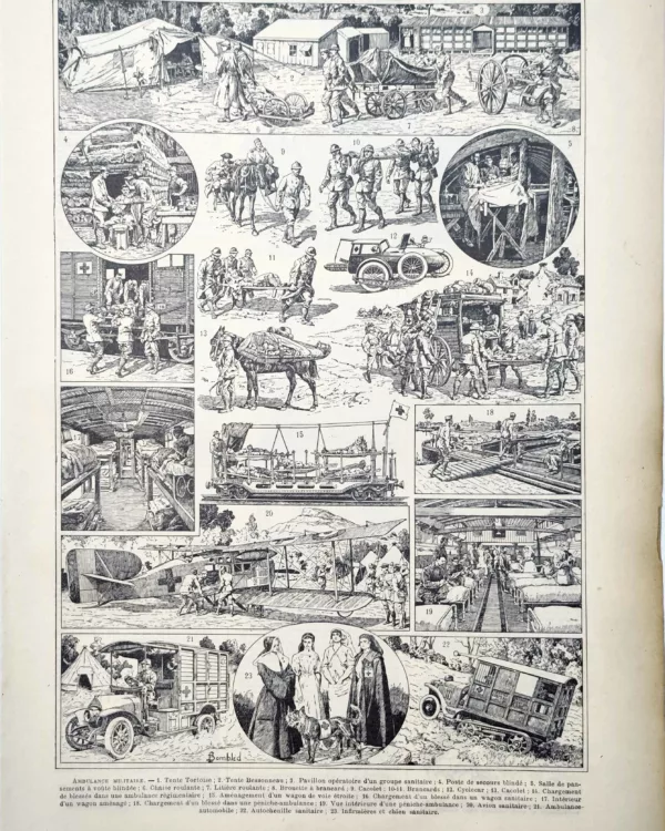 Ambulance militaire, secours et évacuation des blessés, planche ancienne de 1922